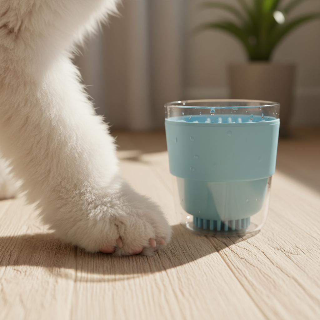 Clean dog paw beside paw cleaner cup